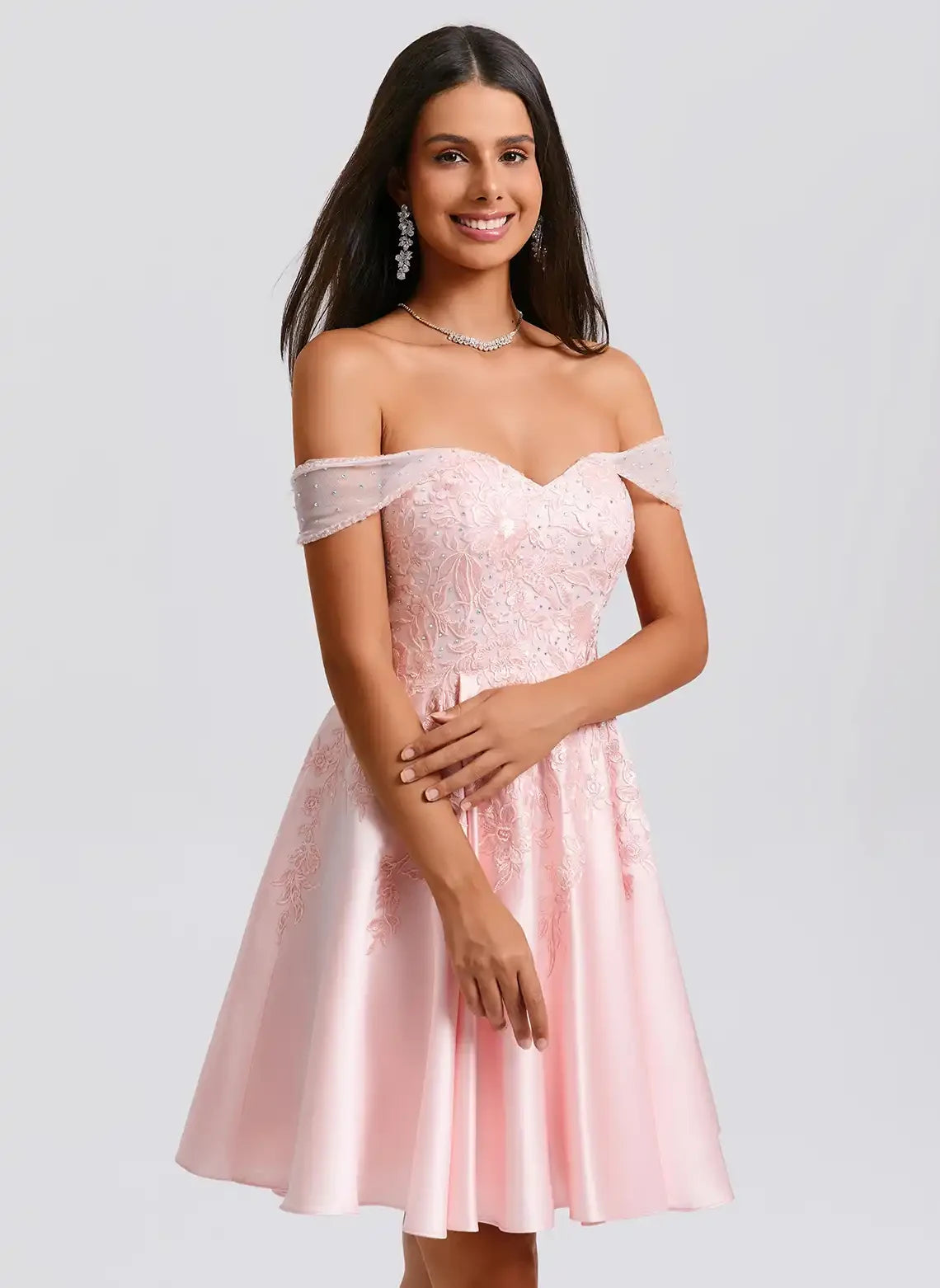 Elegant A-Line Off-Shoulder Embroidered Beaded Pink Short Homecoming Dress for Women