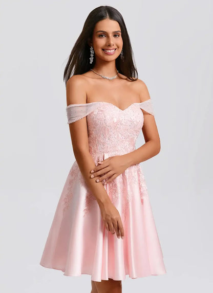 Elegant A-Line Off-Shoulder Embroidered Beaded Pink Short Homecoming Dress for Women