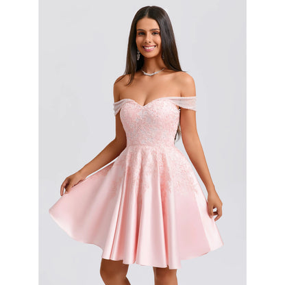 Elegant A-Line Off-Shoulder Embroidered Beaded Pink Short Homecoming Dress for Women