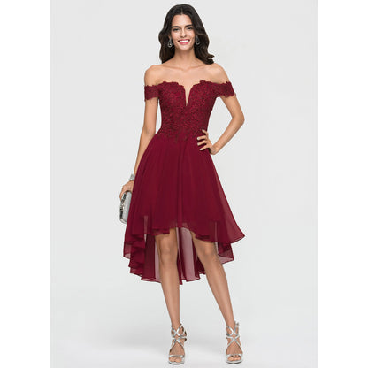 Elegant A-Line Off-Shoulder Embroidered Burgundy High-Low Homecoming Dress For Women