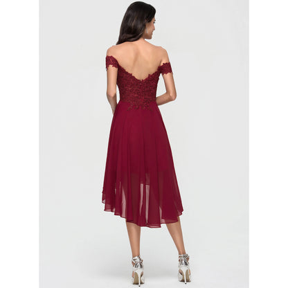 Elegant A-Line Off-Shoulder Embroidered Burgundy High-Low Homecoming Dress For Women