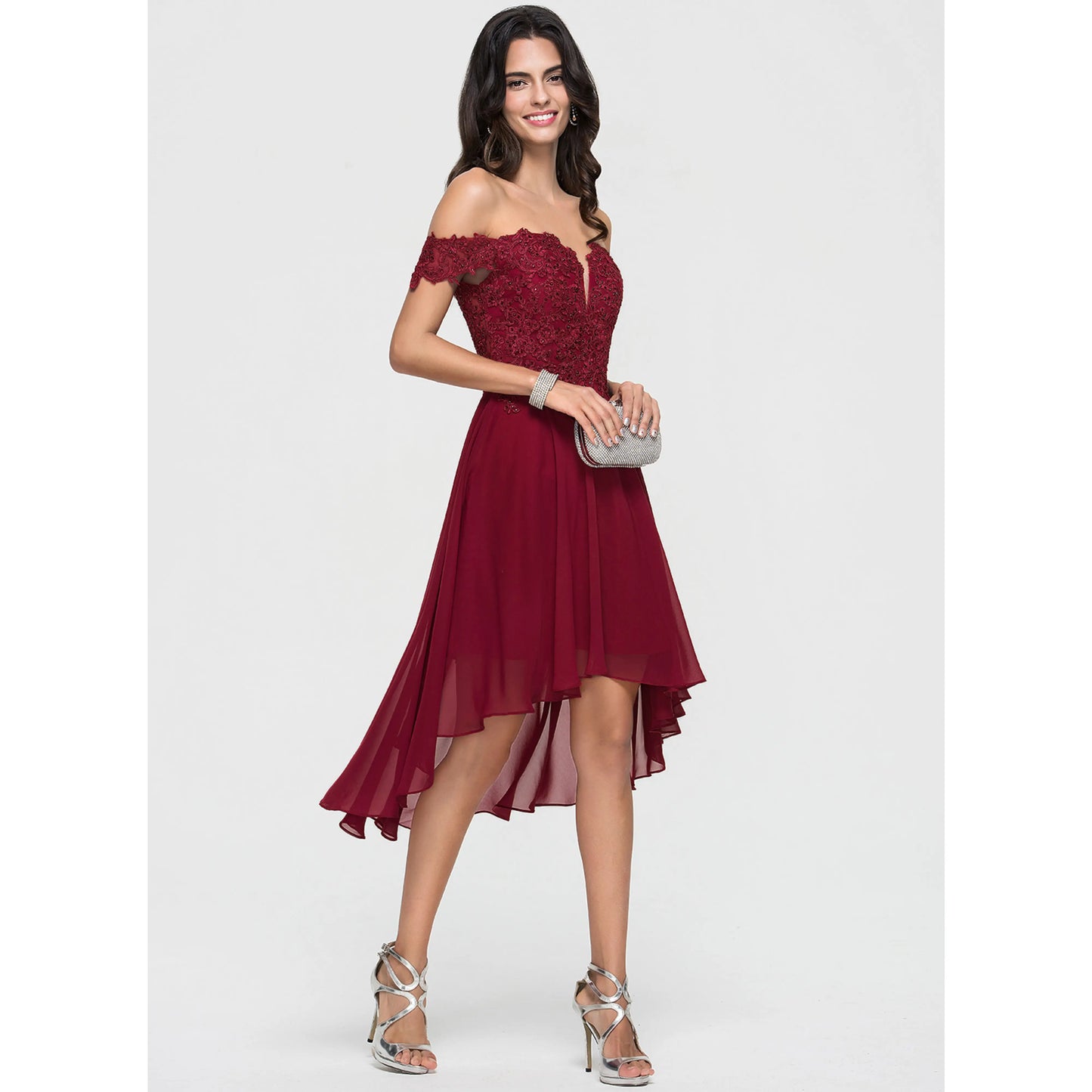 Elegant A-Line Off-Shoulder Embroidered Burgundy High-Low Homecoming Dress For Women