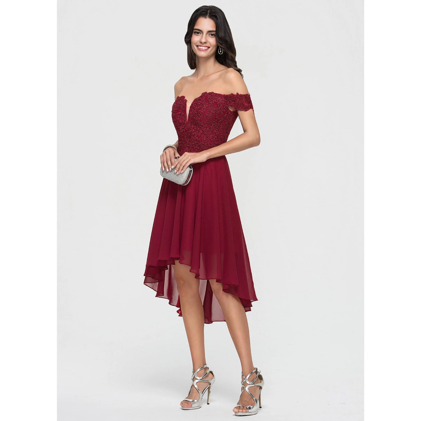 Elegant A-Line Off-Shoulder Embroidered Burgundy High-Low Homecoming Dress For Women