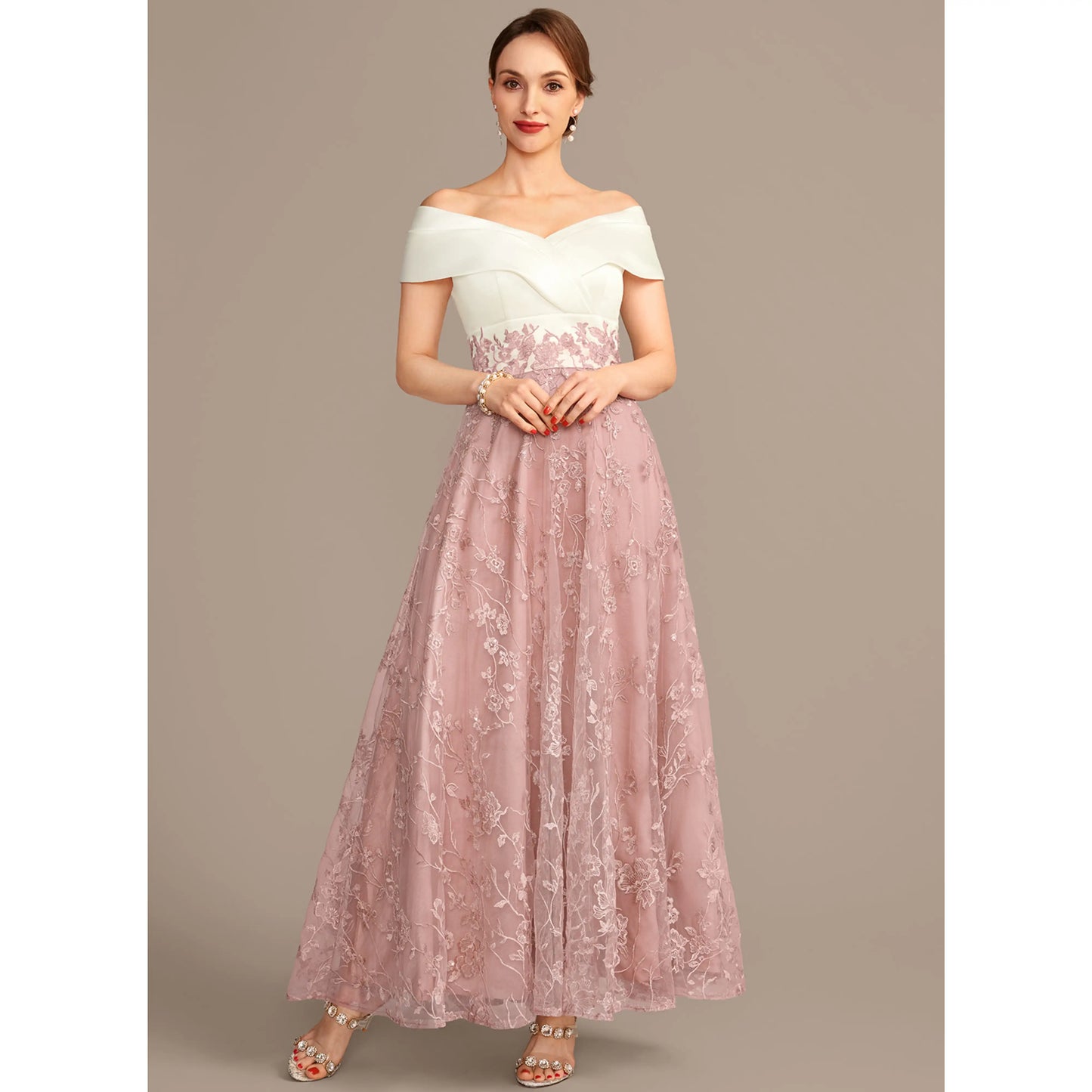 Elegant A-Line Off-Shoulder Embroidered Dusty Rose Floor Length Mother of the Bride Dress