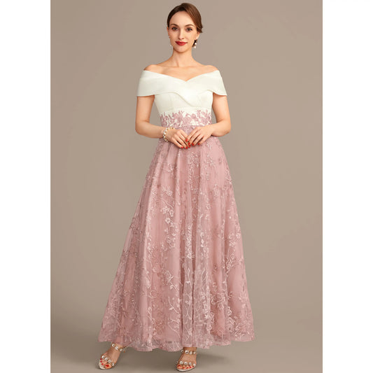 Elegant A-Line Off-Shoulder Embroidered Dusty Rose Floor Length Mother of the Bride Dress