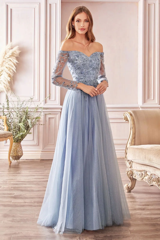 Elegant A-Line Off-Shoulder Embroidered Smoky Blue Floor-Length Mother of the Bride Gown