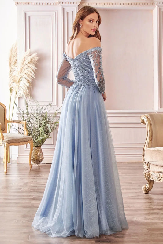 Elegant A-Line Off-Shoulder Embroidered Smoky Blue Floor-Length Mother of the Bride Gown