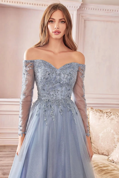 Elegant A-Line Off-Shoulder Embroidered Smoky Blue Floor-Length Mother of the Bride Gown
