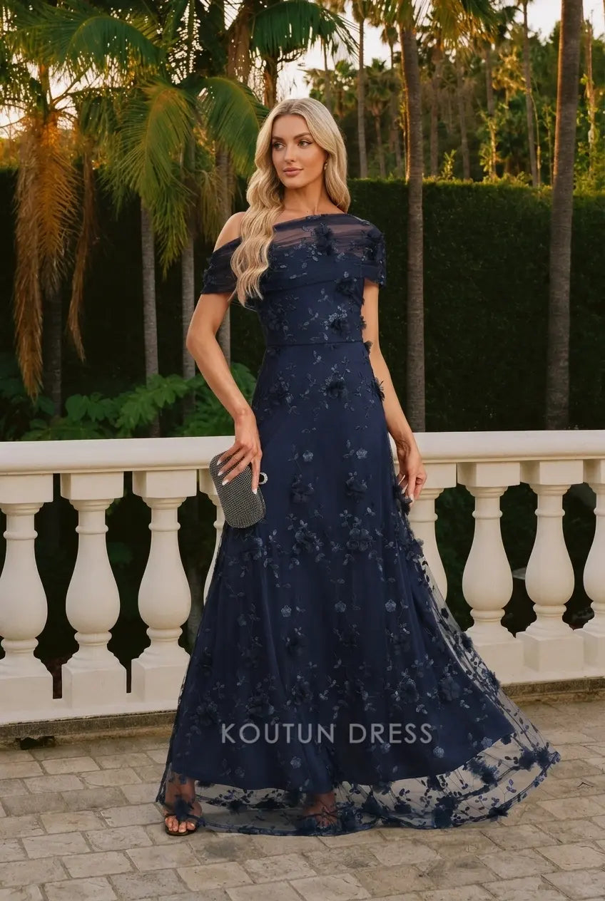 Elegant A-Line Off-Shoulder Floral Applique Navy Blue Floor-Length Prom Dresses Women's Gown