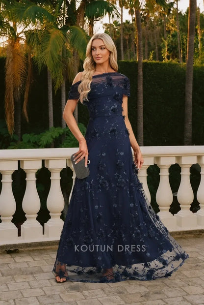 Elegant A-Line Off-Shoulder Floral Applique Navy Blue Floor-Length Prom Dresses Women's Gown