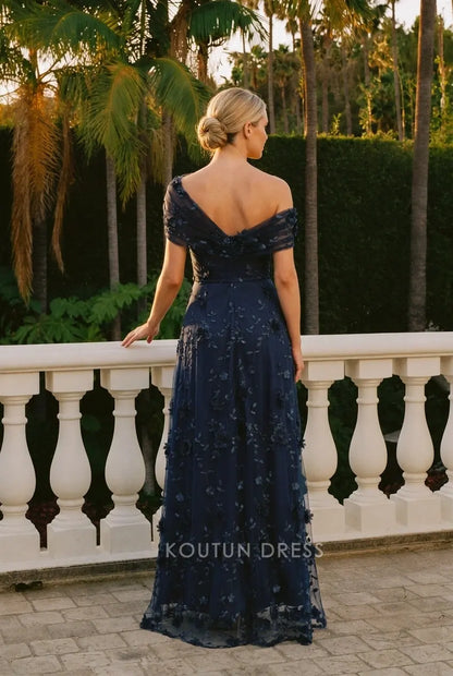 Elegant A-Line Off-Shoulder Floral Applique Navy Blue Floor-Length Prom Dresses Women's Gown