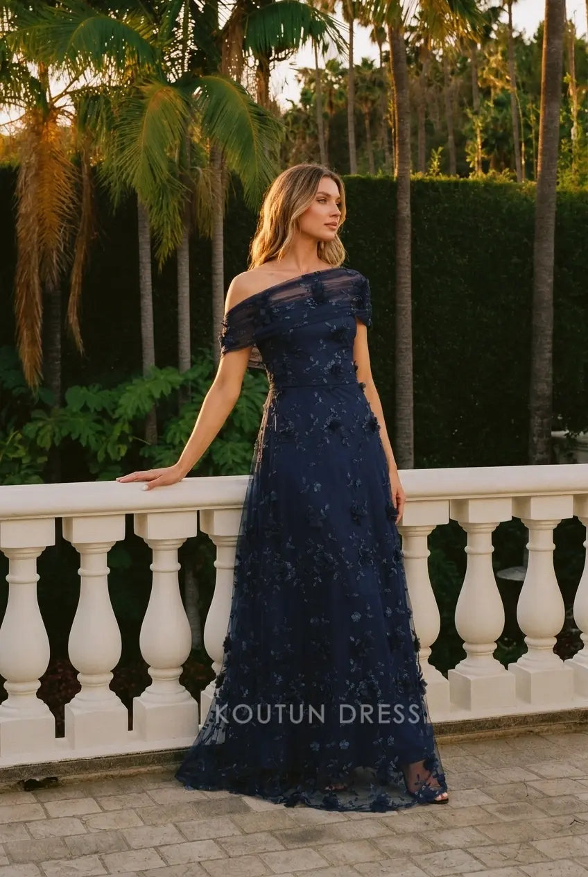 Elegant A-Line Off-Shoulder Floral Applique Navy Blue Floor-Length Prom Dresses Women's Gown