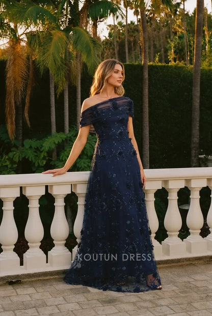 Elegant A-Line Off-Shoulder Floral Applique Navy Blue Floor-Length Prom Dresses Women's Gown