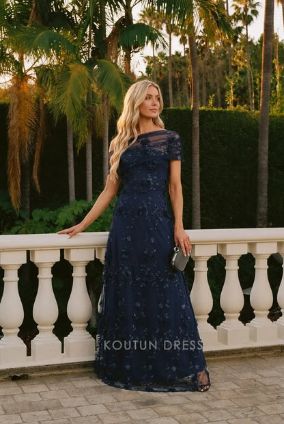 Elegant A-Line Off-Shoulder Floral Applique Navy Blue Floor-Length Prom Dresses Women's Gown