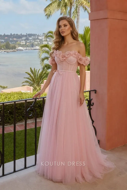 Elegant A-Line Off-Shoulder Floral Blush Pink Floor-Length Prom Dress