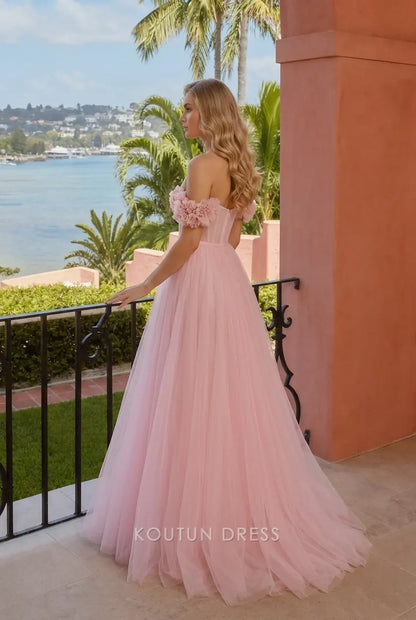 Elegant A-Line Off-Shoulder Floral Blush Pink Floor-Length Prom Dress
