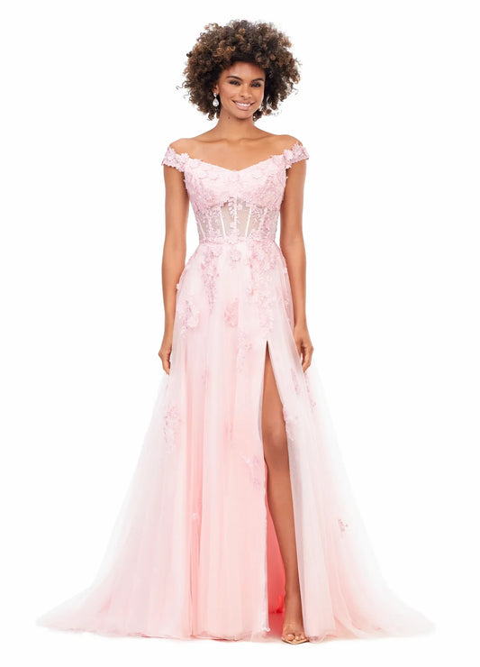 Elegant A-Line Off-Shoulder Floral Corset Blush Pink Floor-Length Evening Dress for Women