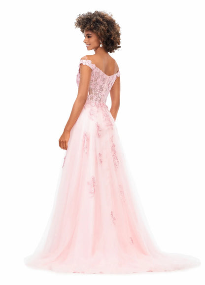 Elegant A-Line Off-Shoulder Floral Corset Blush Pink Floor-Length Evening Dress for Women