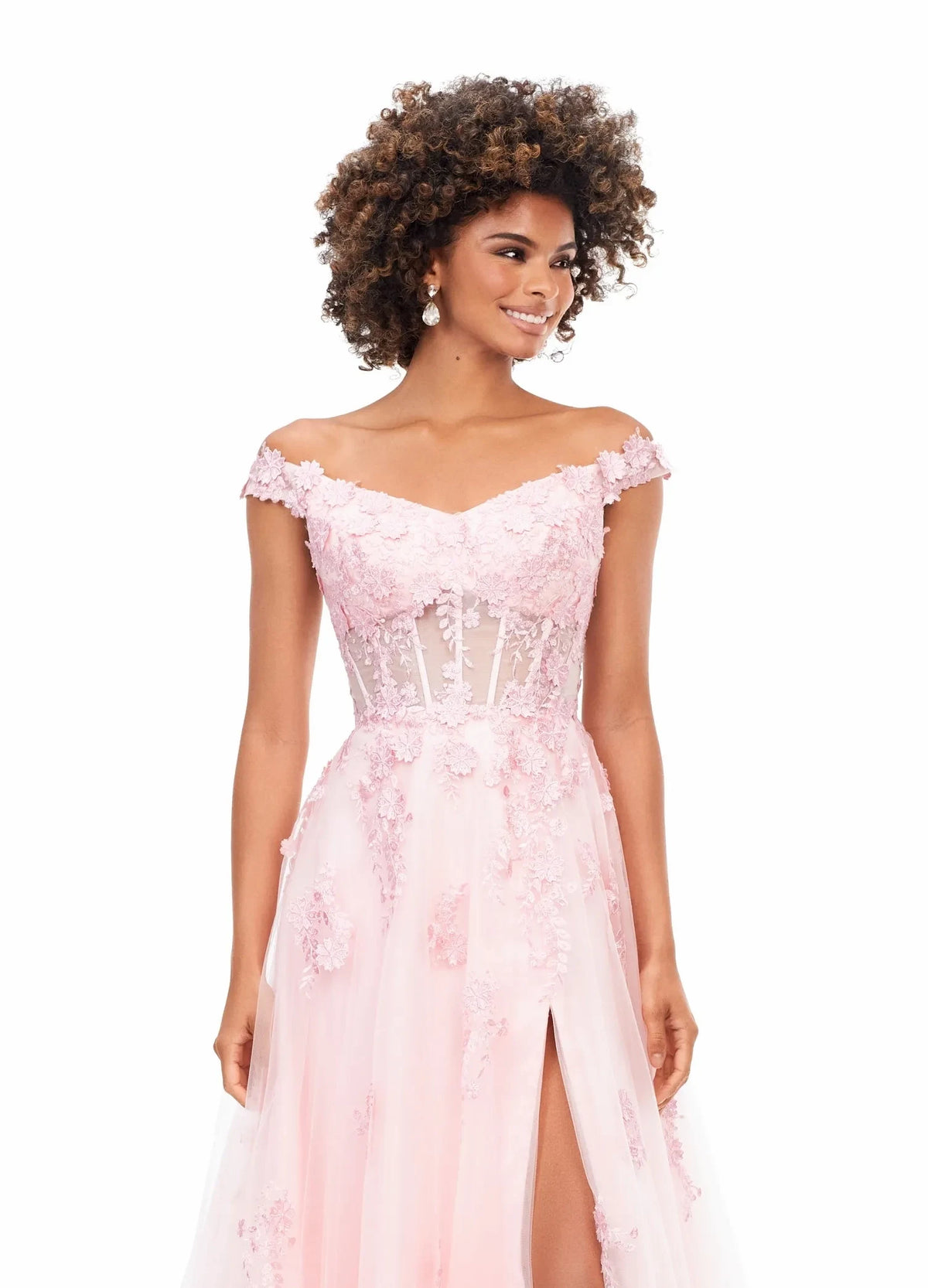 Elegant A-Line Off-Shoulder Floral Corset Blush Pink Floor-Length Evening Dress for Women
