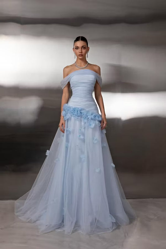 Elegant A-Line Off-Shoulder Floral Ruched Light Blue Floor-Length Prom Dress
