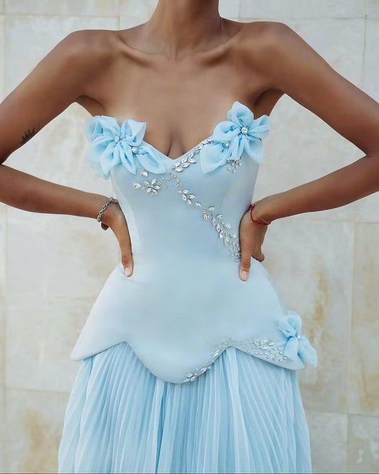Elegant A-Line Off-Shoulder Floral Ruched Light Blue Floor-Length Prom Dress