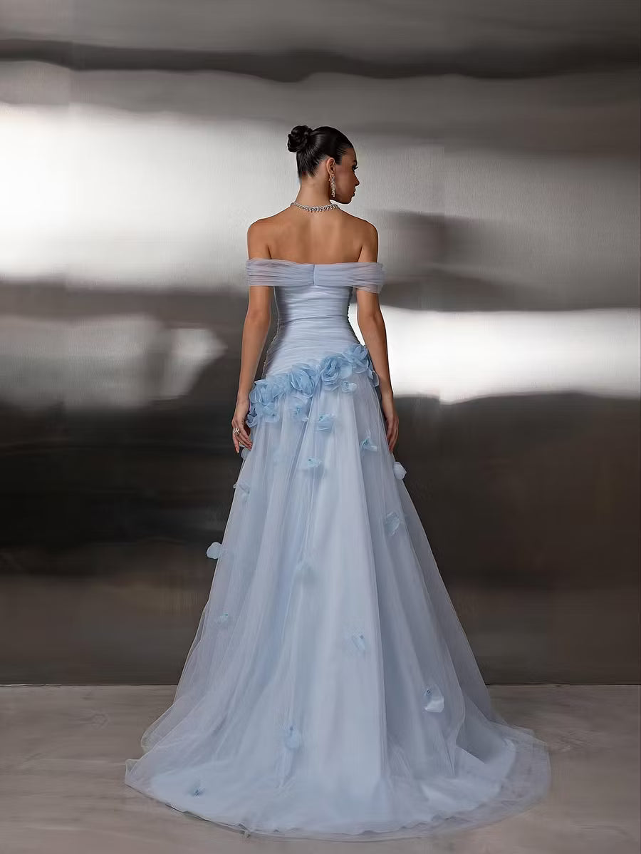 Elegant A-Line Off-Shoulder Floral Ruched Light Blue Floor-Length Prom Dress