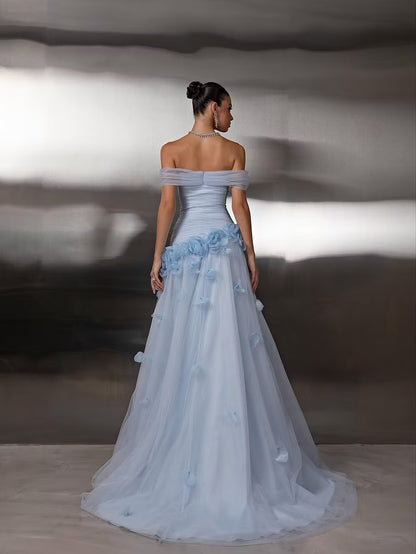 Elegant A-Line Off-Shoulder Floral Ruched Light Blue Floor-Length Prom Dress