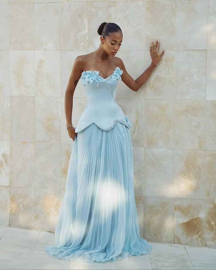 Elegant A-Line Off-Shoulder Floral Ruched Light Blue Floor-Length Prom Dress