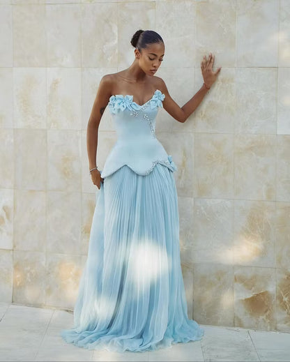 Elegant A-Line Off-Shoulder Floral Ruched Light Blue Floor-Length Prom Dress