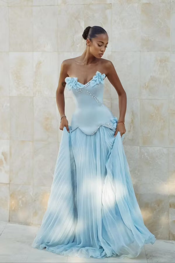 Elegant A-Line Off-Shoulder Floral Ruched Light Blue Floor-Length Prom Dress