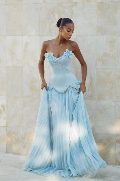 Elegant A-Line Off-Shoulder Floral Ruched Light Blue Floor-Length Prom Dress