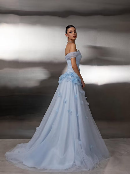 Elegant A-Line Off-Shoulder Floral Ruched Light Blue Floor-Length Prom Dress