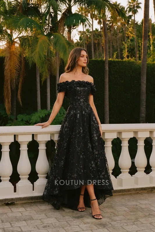 Elegant A-Line Off-Shoulder Floral Sequin Black High-Low Prom Dresses Women's Gown