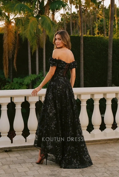 Elegant A-Line Off-Shoulder Floral Sequin Black High-Low Prom Dresses Women's Gown