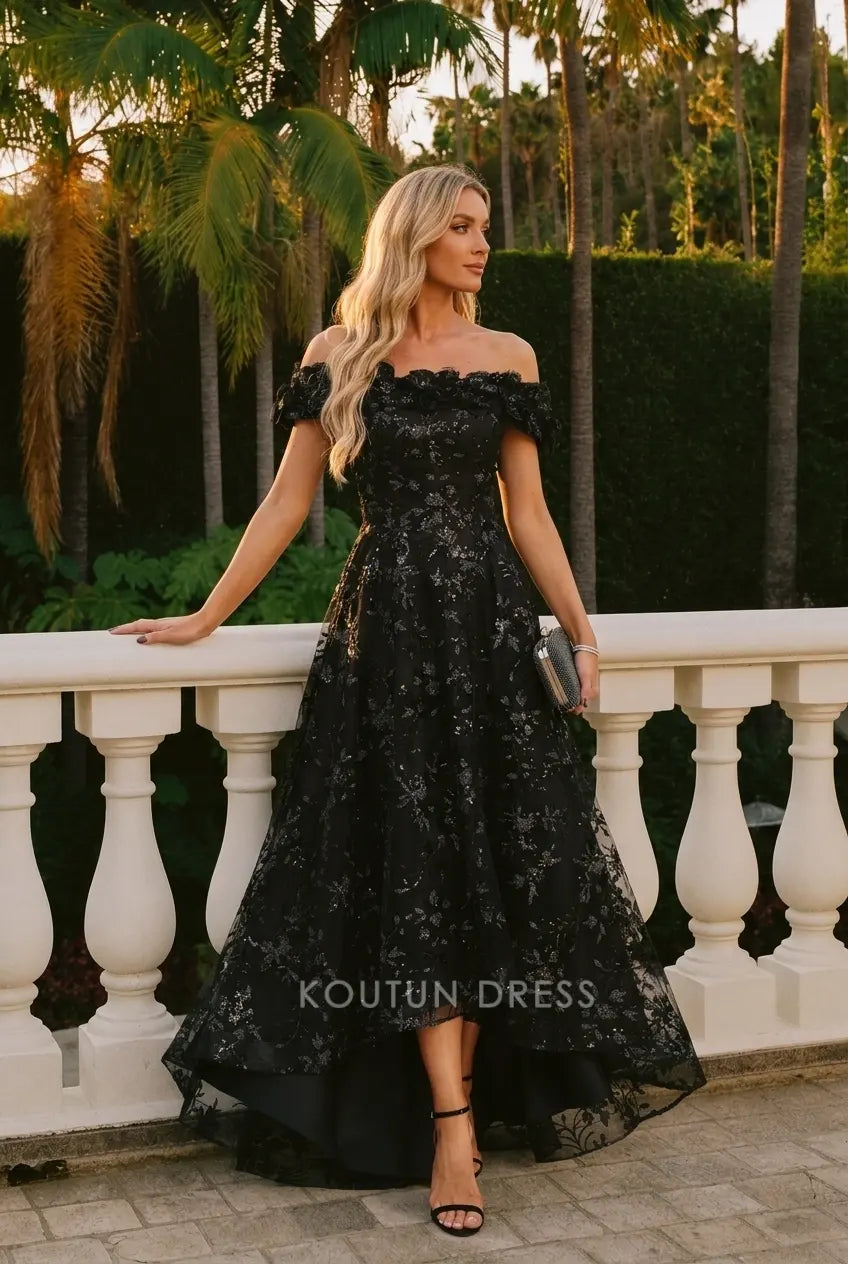 Elegant A-Line Off-Shoulder Floral Sequin Black High-Low Prom Dresses Women's Gown