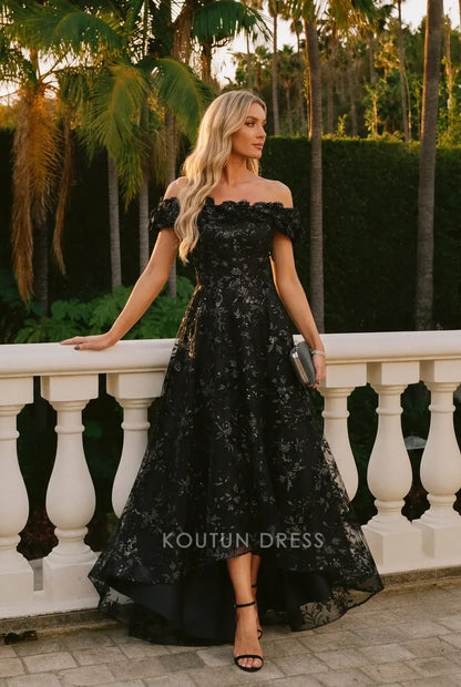 Elegant A-Line Off-Shoulder Floral Sequin Black High-Low Prom Dresses Women's Gown