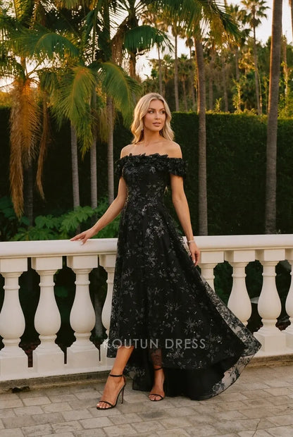 Elegant A-Line Off-Shoulder Floral Sequin Black High-Low Prom Dresses Women's Gown
