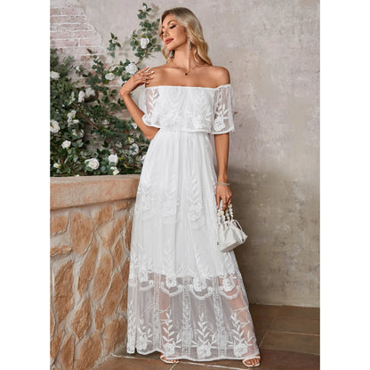 Elegant A-Line Off-Shoulder Flutter Sleeve White Floor-Length Wedding Dresses for Women