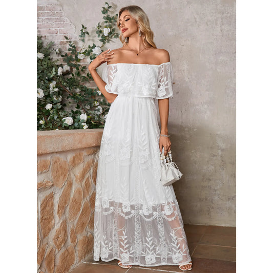 Elegant A-Line Off-Shoulder Flutter Sleeve White Floor-Length Wedding Dresses for Women
