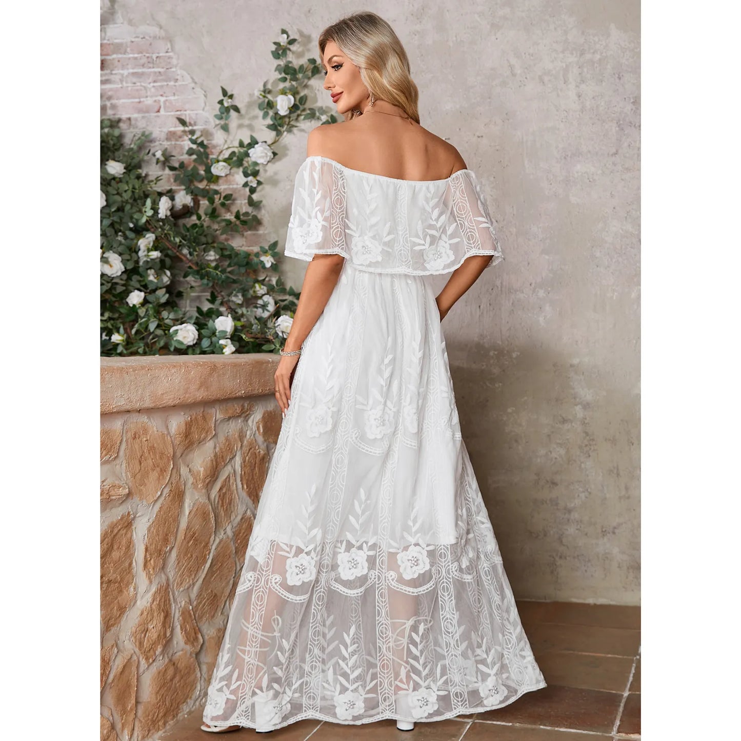 Elegant A-Line Off-Shoulder Flutter Sleeve White Floor-Length Wedding Dresses for Women