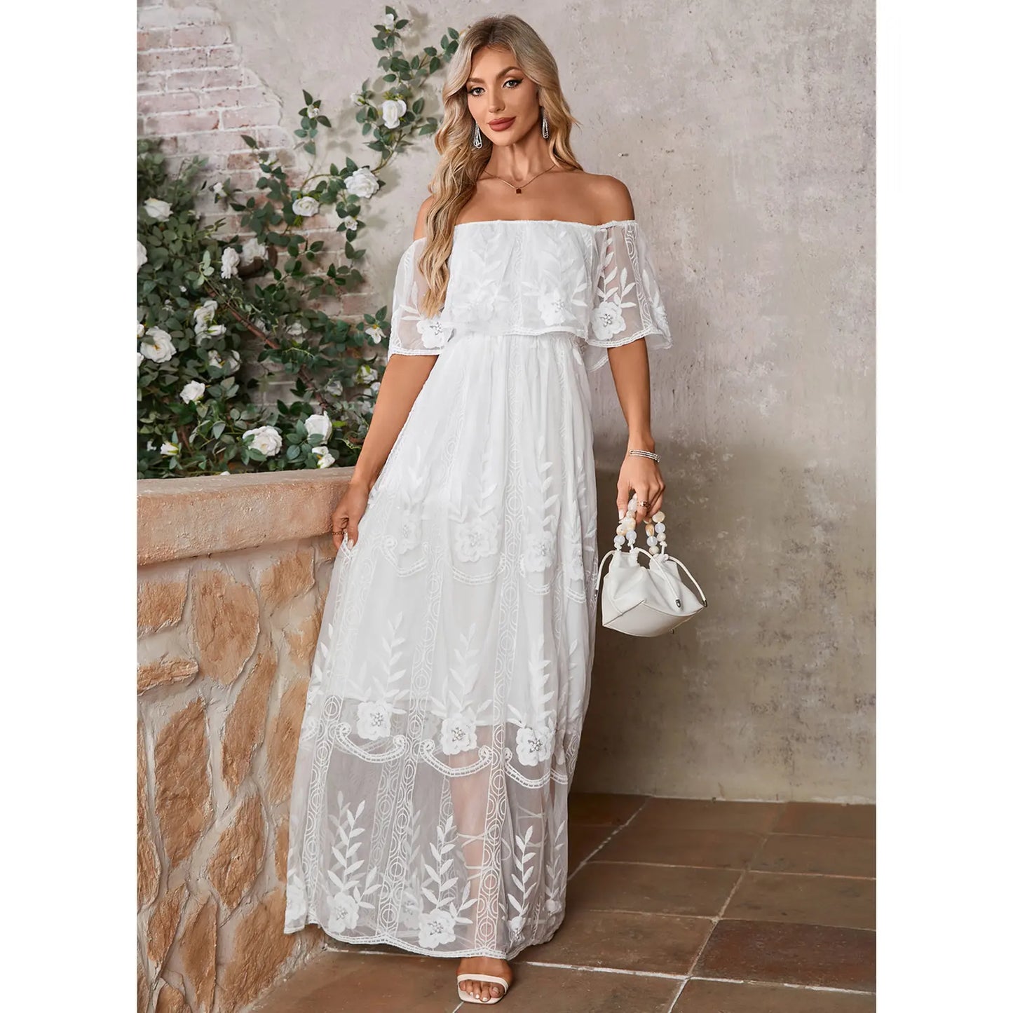 Elegant A-Line Off-Shoulder Flutter Sleeve White Floor-Length Wedding Dresses for Women