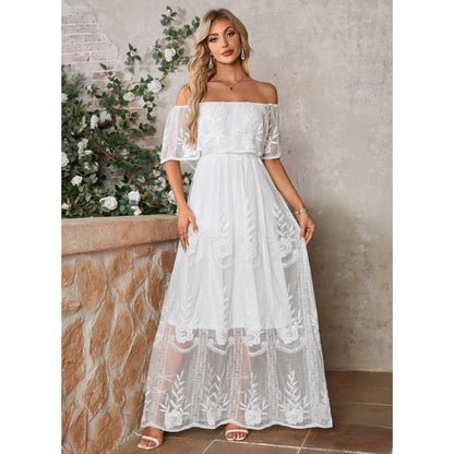 Elegant A-Line Off-Shoulder Flutter Sleeve White Floor-Length Wedding Dresses for Women