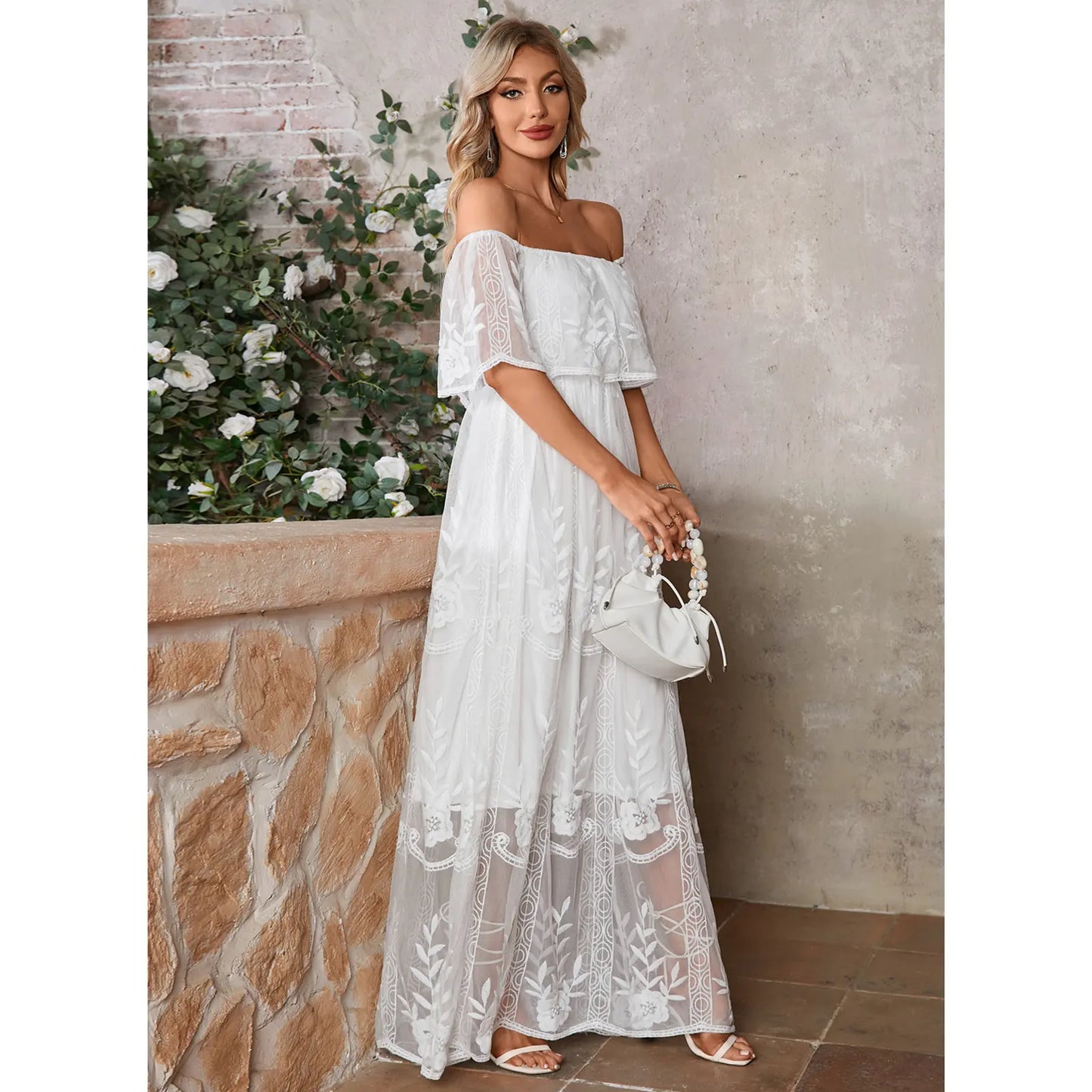 Elegant A-Line Off-Shoulder Flutter Sleeve White Floor-Length Wedding Dresses for Women