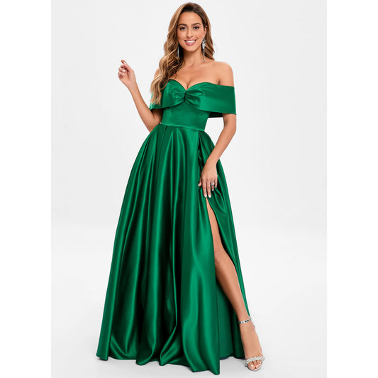 Elegant A-Line Off-Shoulder Glamorous Slit Emerald Green Floor Prom Dress