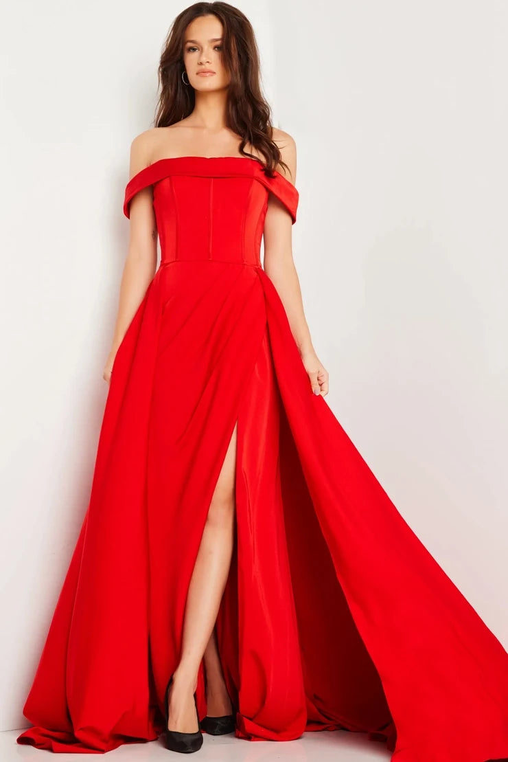 Elegant A-Line Off-Shoulder High Slit Red Floor-Length Women's Evening Gown
