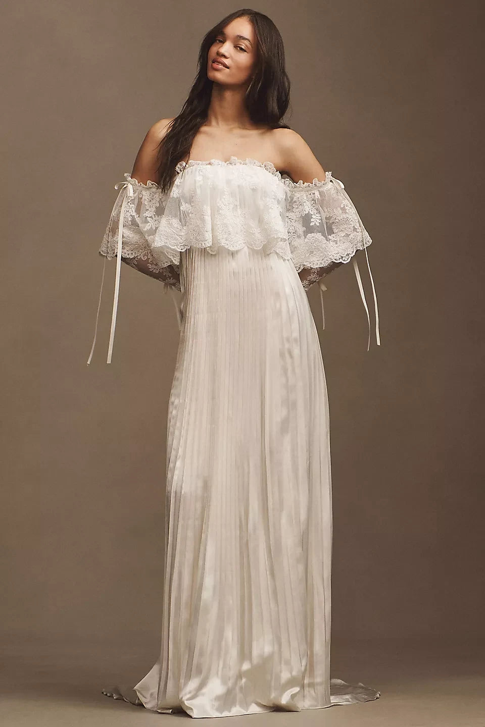 Elegant A-Line Off-Shoulder Lace Sleeve Pleated Ivory Floor-Length Wedding Gown