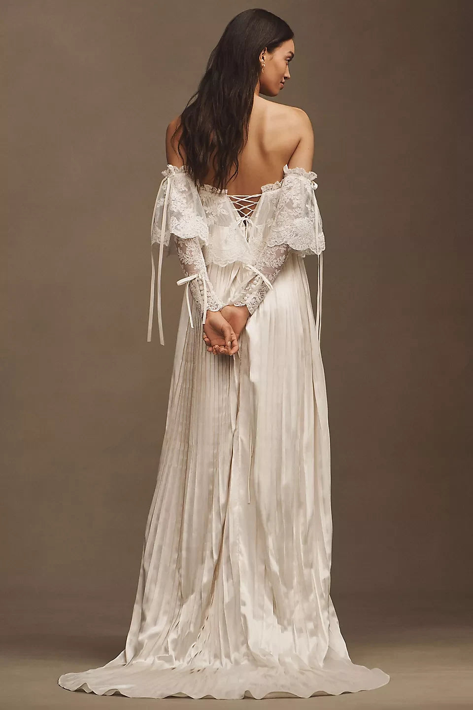 Elegant A-Line Off-Shoulder Lace Sleeve Pleated Ivory Floor-Length Wedding Gown