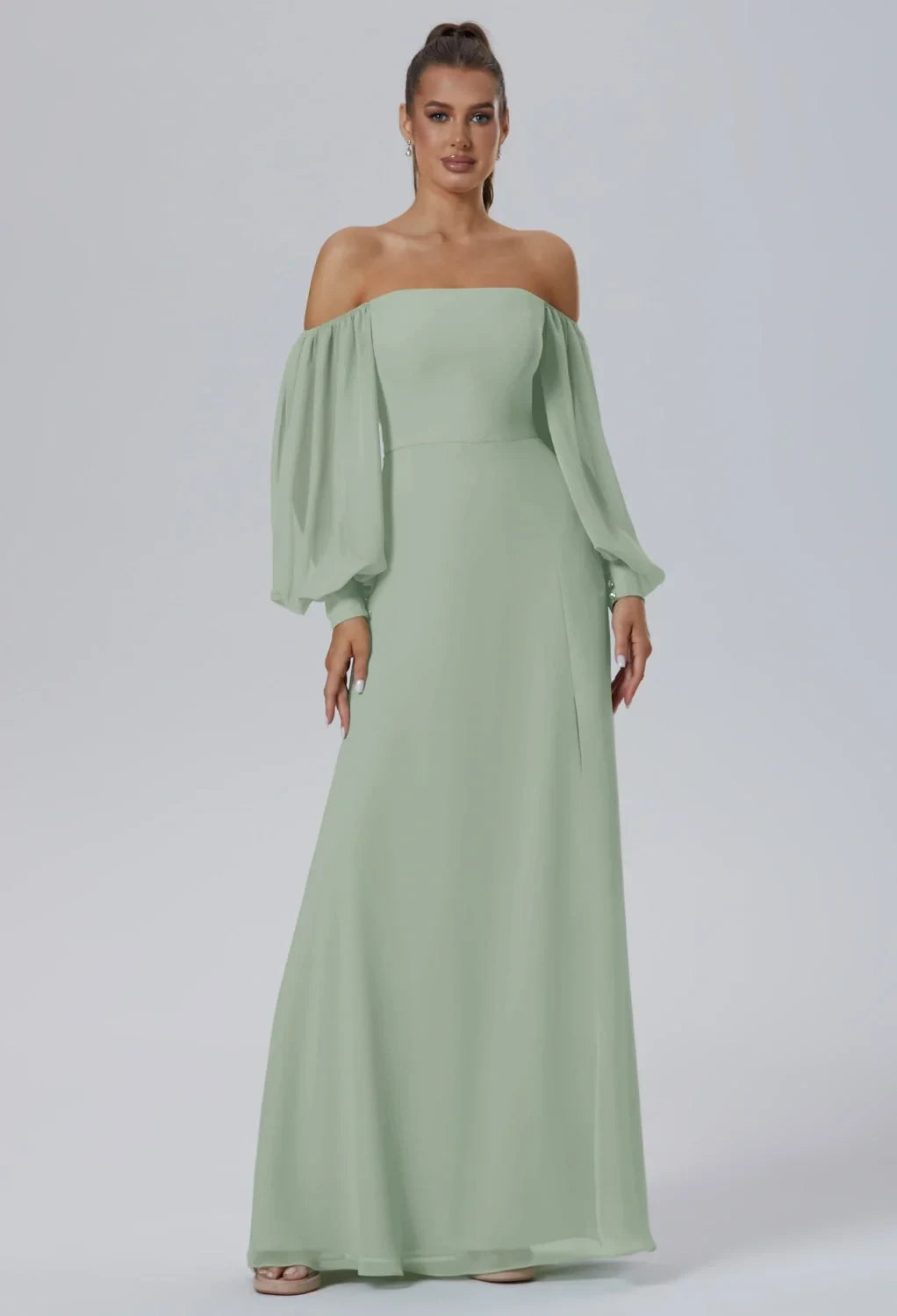 Elegant A-Line Off-Shoulder Long-Sleeve Slit Sage Maxi Bridesmaid Dress Women