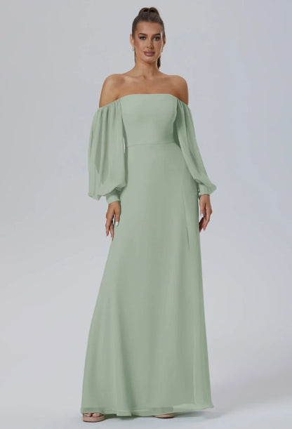 Elegant A-Line Off-Shoulder Long-Sleeve Slit Sage Maxi Bridesmaid Dress Women