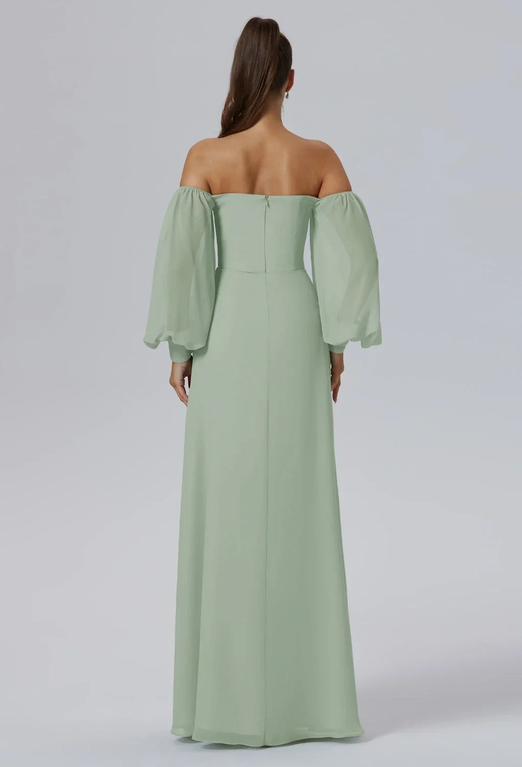 Elegant A-Line Off-Shoulder Long-Sleeve Slit Sage Maxi Bridesmaid Dress Women